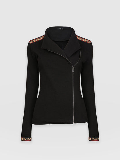 Cotton Biker Jacket - Leopard Trim