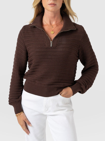 Ester Quarter Zip Knit - Chocolate