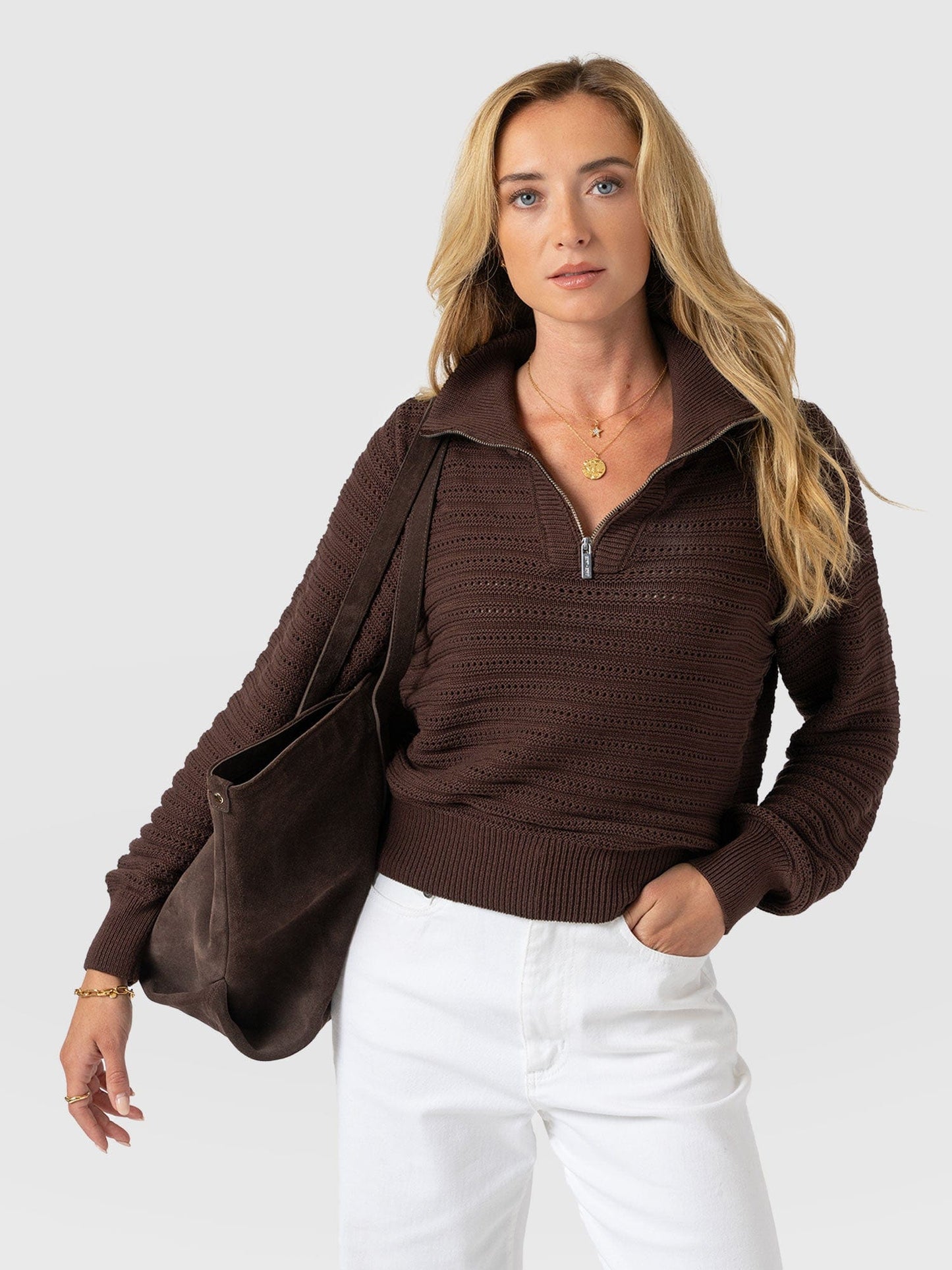 Ester Quarter Zip Knit - Chocolate